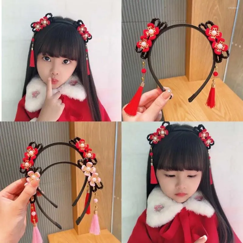 Acessórios de cabelo estilo chinês moda hanfu flor borla headband pigtail peruca crianças pérola arco desenhos animados bonito hairband ano cocar