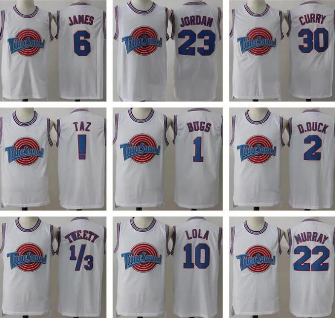 Space Jam Movie Maglie da basket Tune Squad Looney tunes Daffy Duck Bill Murray Lola Bugs Bunny TAZ Tweety Michael James Curry Jersey Pantaloncini Nero Bianco Abbigliamento