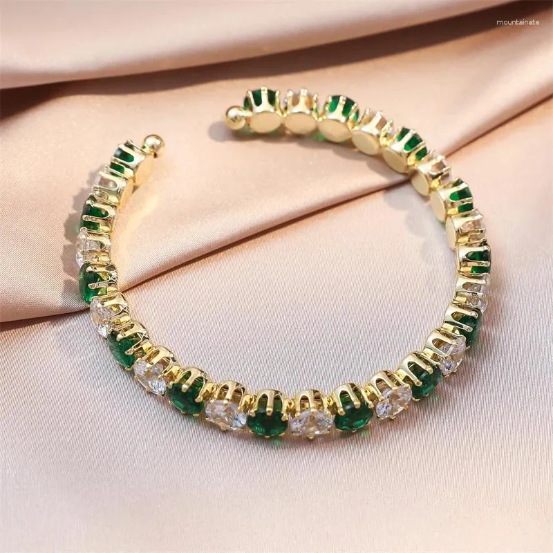 Bangle Uilz Vintage Round Green White Zircon Open Bangles For Women Ins Design Gold Plated Wedding Party Jewelry