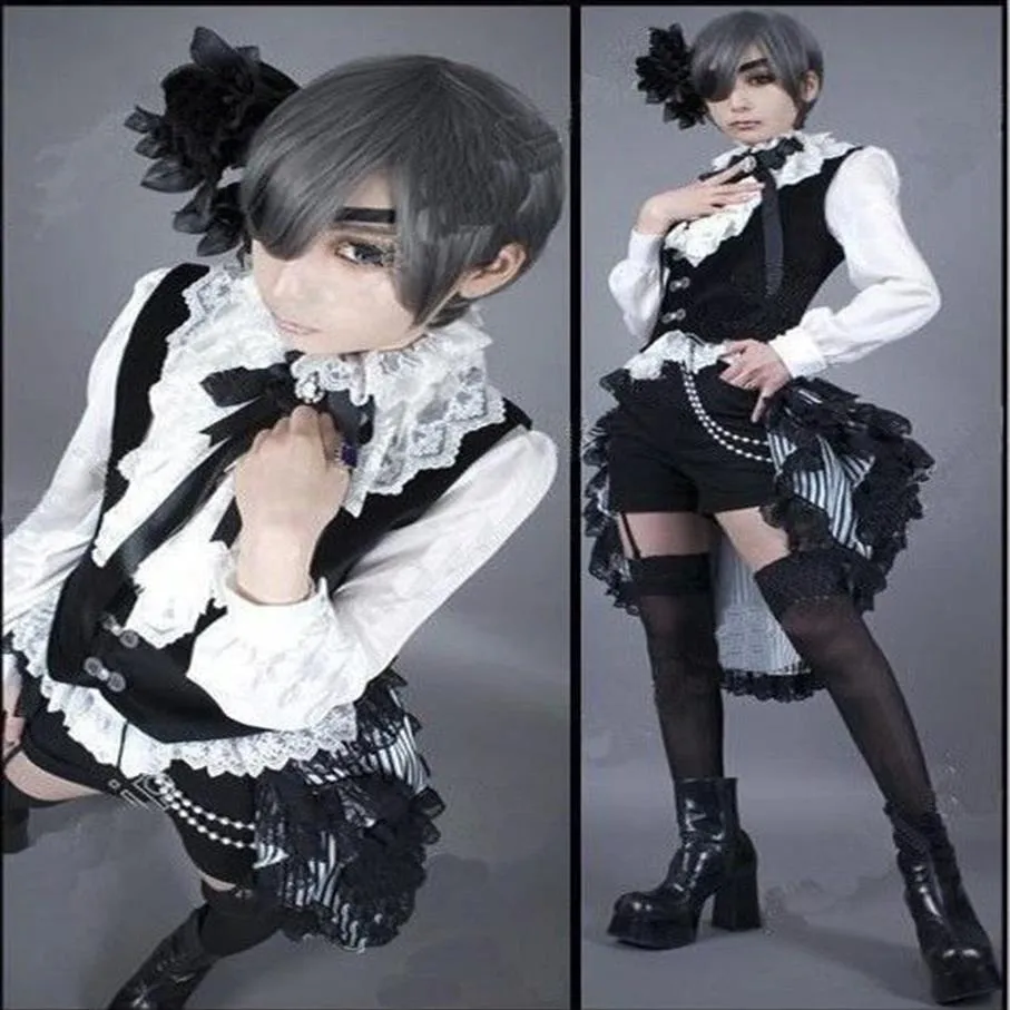 Japansk tecknad anime cosplay svart butler ciel phantomhive cosplay costume väst skjorta shorts skräddarsydd huvudbonad eyepatch237y