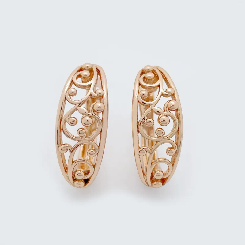 Boucles d'oreilles pendantes en or Rose 585, ovales, rondes, creuses, en forme de fleurs, cerceau lisse