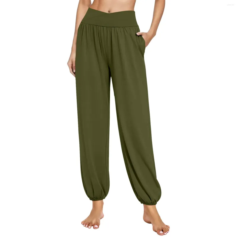 Damen-Hosen, Haremshose für Crossover, hohe Taille, fließende Sport-Jogginghose mit Taschen, lässige, lockere Jogginghose, Loungewear