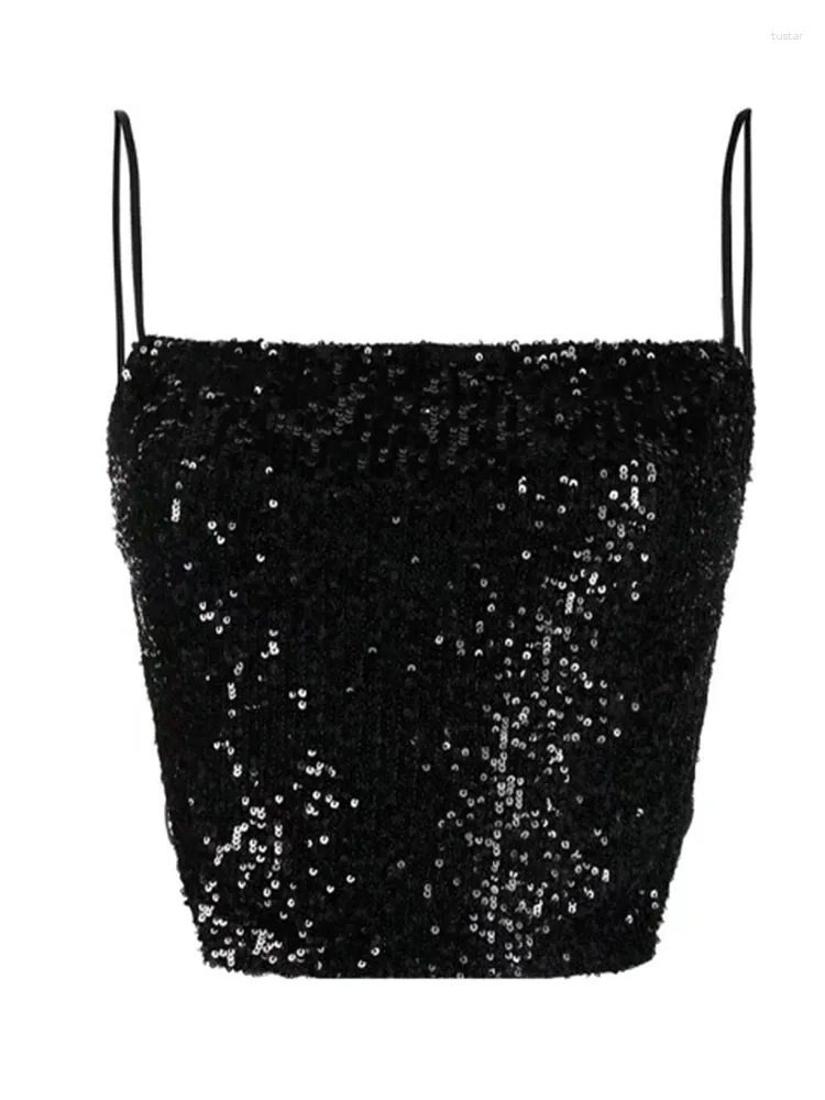 Tanks Femmes Débardeur Femmes Mode Black Paillettes Camis Sans manches Y2K Tops Été 2024 Court American Vintage Sexy Élégant Brillant Crop