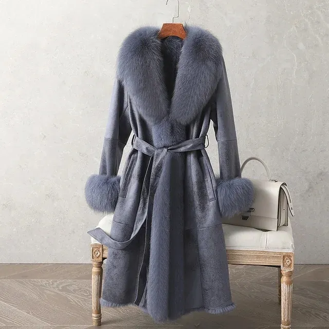 HEIZZI 100% Rabbit Fur with Raccoon Knitted Collar Elegant Soft