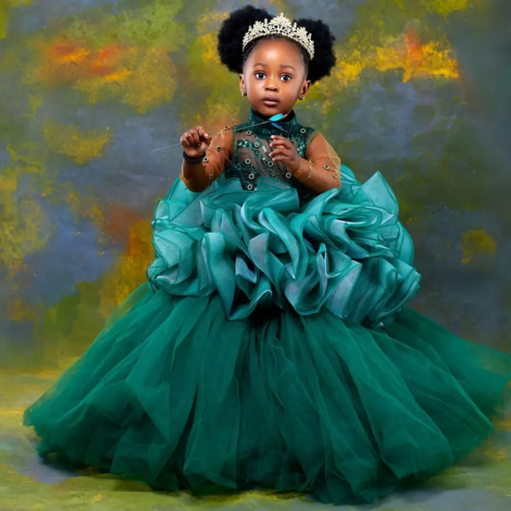 Birthday Dress Emerald Forest Green Baby Dress Hunter Green Flower Girl  Dress Long Sleeves, High Neck,
