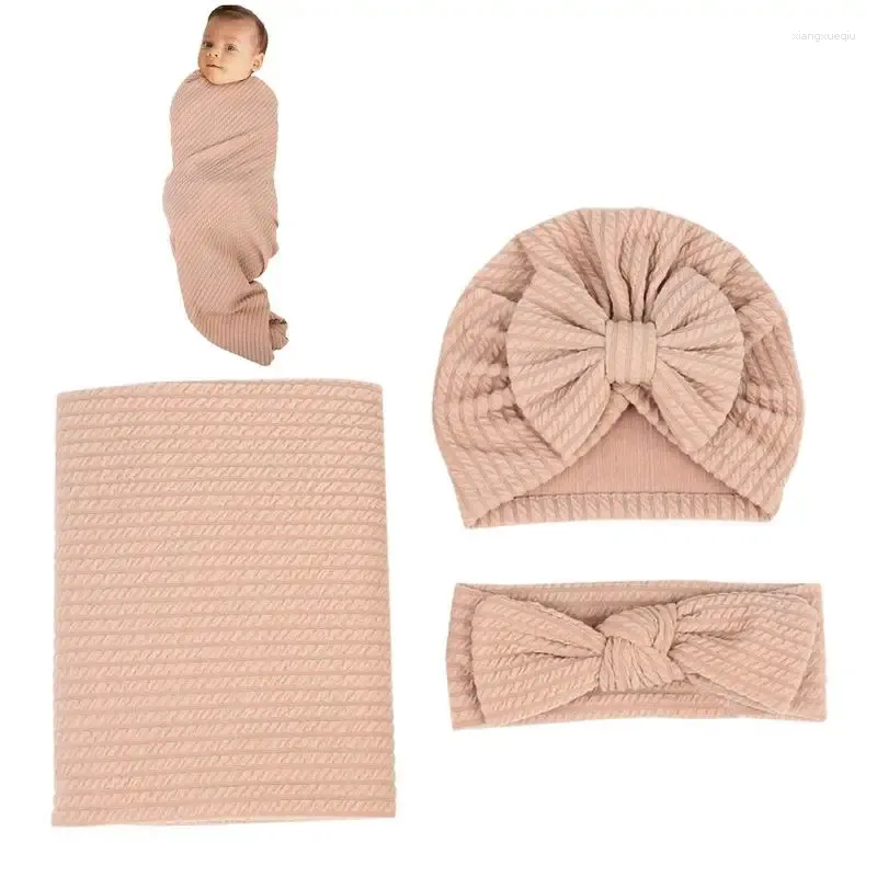 Mantas Nacidas Recepción Manta Género Neutral Conjunto Infantil Swaddling Cuna Cochecito Edredón con sombrero y banda para el cabello Genial