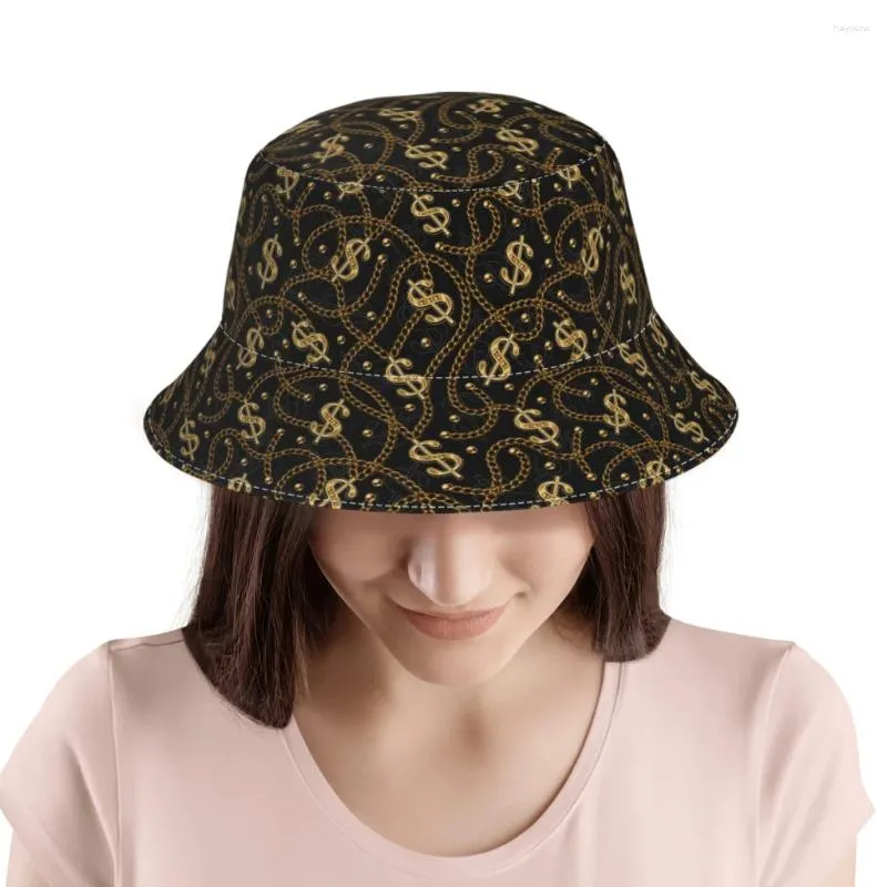 Gold Dollar Sign Bucket Hat Shiny Metallic Chains Decorated Bob Fisherman Sun Hat for Women Men