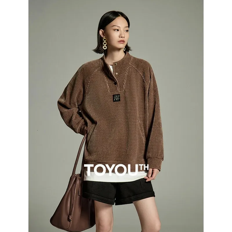 Toyouth femmes sweats automne à manches longues col montant sweat large en cuir plaque gaufre tissu mode pull 240115