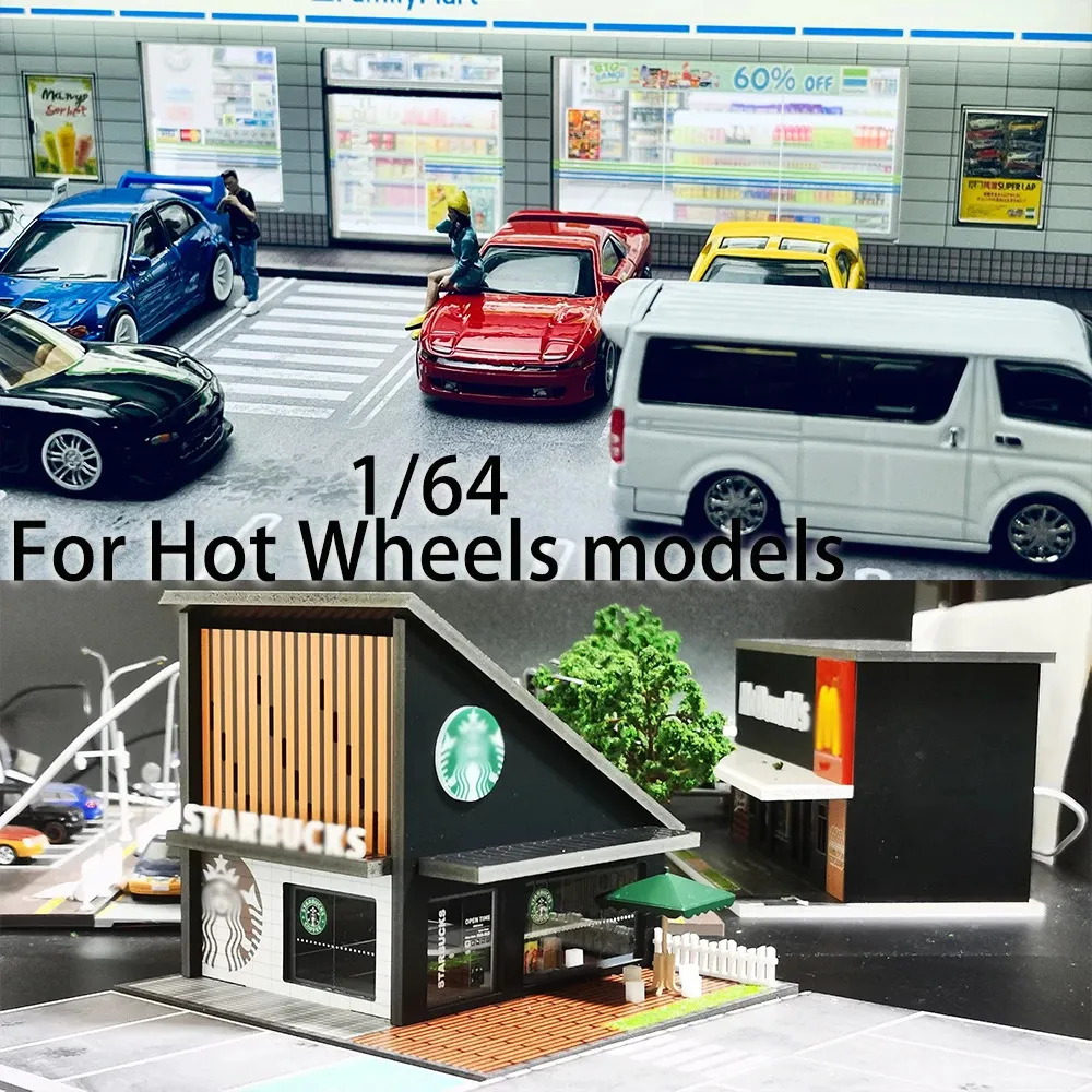 Car Model 1 64 Diorama Garage LED Supermarket Shop with Light Parking Lot Diecast Car Model Display Case for Wheel Man Gift 240115