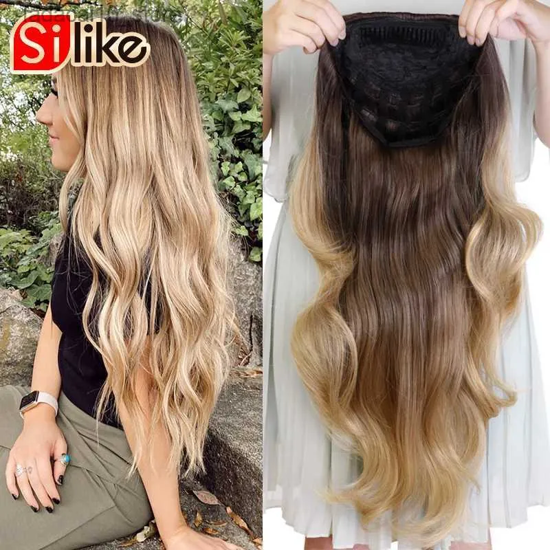 Perucas sintéticas silike 24 polegadas ondulado 3/4 meia peruca cabelo longo ombre loiro clipes sem tampa para mulheres 210g q240115