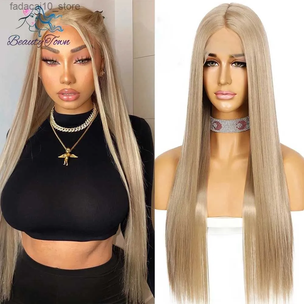 Synthetic Wigs Sliver Blonde Highlight Synthetic Lace Wig Futura Straight 613 Blonde Red 99J Brown Color HD Transparent Lace Wig Cosplay Wig Q240115