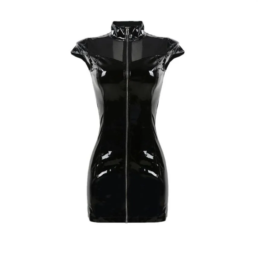 Sexig nattlig hög krage PVC latex faux läder fetisch gotisk dragkedja kvinna mini snörning upp klubbkläder svart blyerts klänning3212