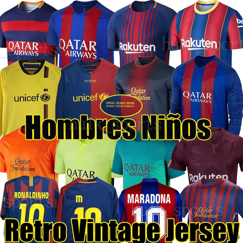 Barcelona Retrô Camisolas de futebol 05 06 07 08 09 10 11 12 13 14 15 91 92 95 96 97 98 99 Messi Ronaldinho Ronaldo Stoichkov 100th Football Jersey Camisas de futebol