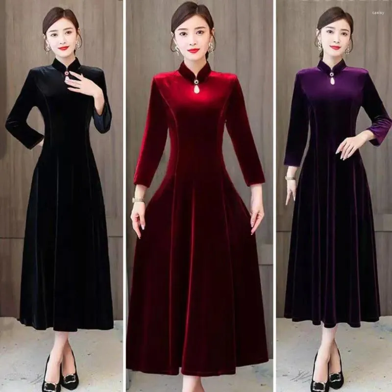 Casual Dresses Women Fall Winter Dress Solid Color Stand Collar Long Sleeve Hollow Out A-line Pullover Lady Party Evening Qipao