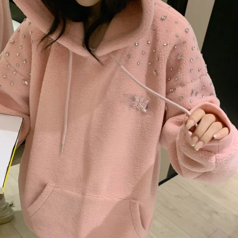 Women Designer Hoodies Fashion Rhinester Letter Sweet Style Thin Furry Hoodie Autumn and Winter