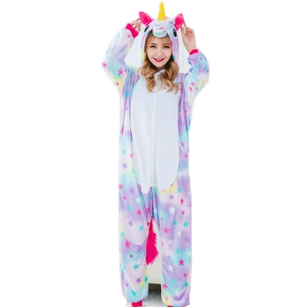 Costume da unicorno stellato Tutina da donna Pigiama Kigurumi Tuta con cappuccio Costumi di Halloween per adulti277j