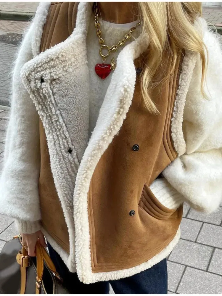 Retro Womens Plush Vest Gilet Sleeve Lamb Wool Blouson Village Waistcoat Jackets Winter O Neck Chic Cashmere Ladys Coat 240115