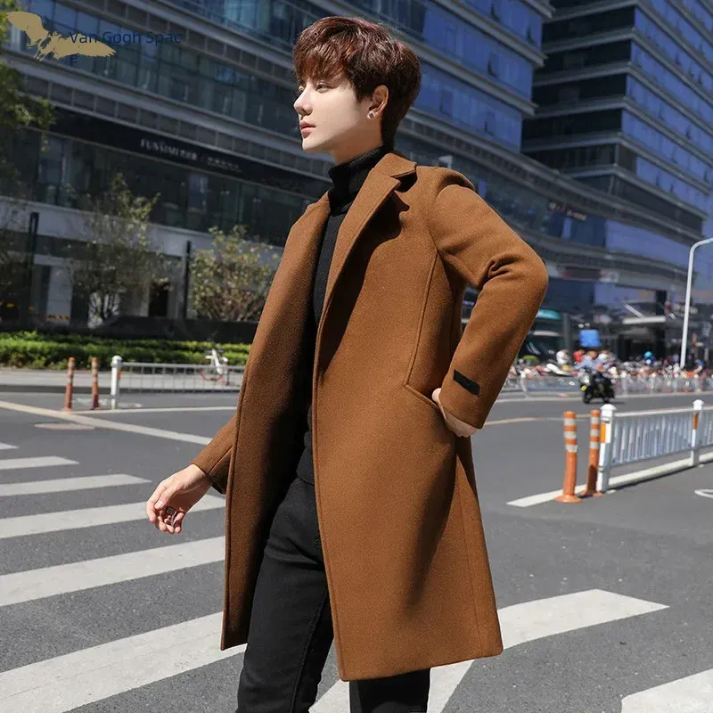 Trench Coats For Men Winter Wool Blends Overcoats Business Casual Long Jackets High Quality Slim Fit 240113