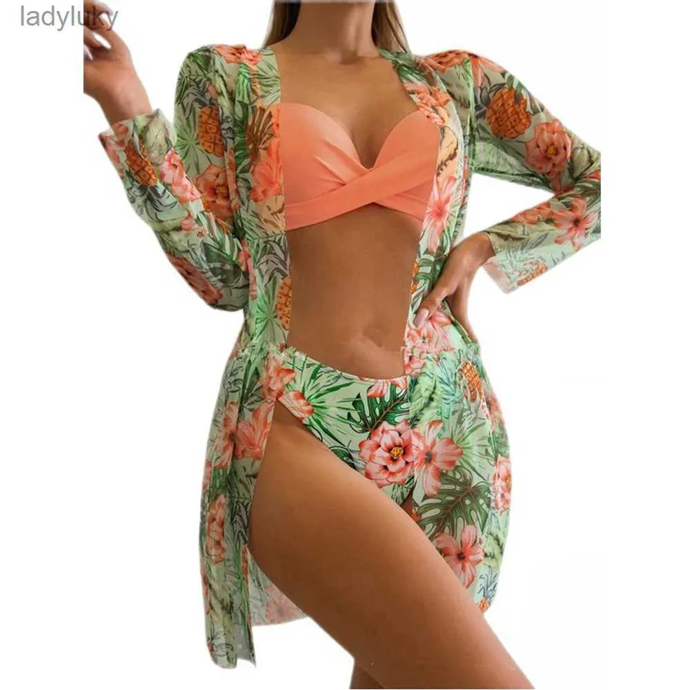 Maillot de bain 20 couleurs vente chaude Bikini 3 pièces femmes Sexy ensemble de Bikini fleuri avec maille à manches longues couverture Ups qualité taille moyenne 2023 NewL240115