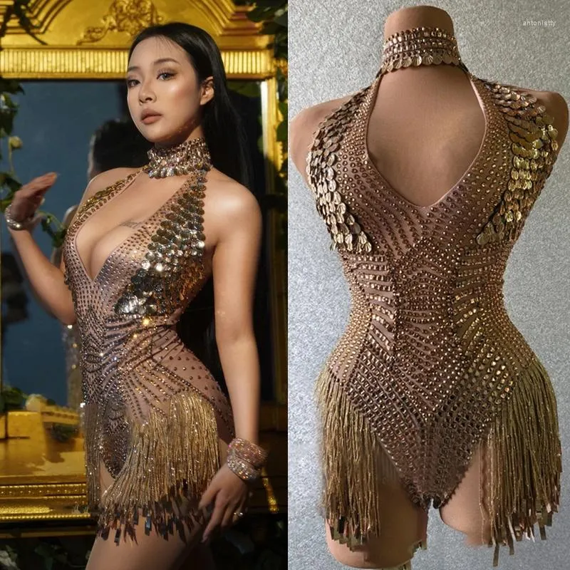 Stage Wear Full Gold Strass Body Sexy Big Stones Frange Abbigliamento Donna Nightclub Party Gogo Dancer Costume Festival Outfit XS6004