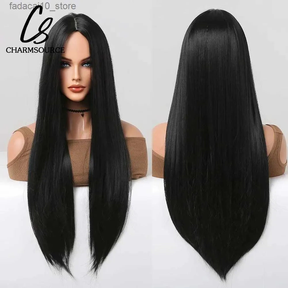 Sentetik peruklar koyu siyah sentetik peruklar doğa orta kısım uzun düz peruk siyah beyaz kadın için cosplay günlük parti ısıya dayanıklı fiber q240115