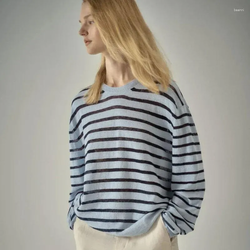 女性用Tシャツ女性春と夏のリネンマイクロ透明ルーズカジュアルストライプトップTシャツ
