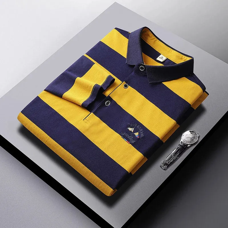 Varumärke Business Long Sleeve Polo Shirts Men kläder 2023 randiga toppar Lapel Luxury Clothing Fashion Embroidered Men's Golf Wear 240115
