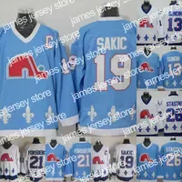 Hockey Jerseys Mens 19 Joe Sakic Jersey Quebec Nordiques 13 Mats Sundin 21 Peter Forsberg 26 Peter Stastny 100% Stitched Retro Ice Hockey Jerseys