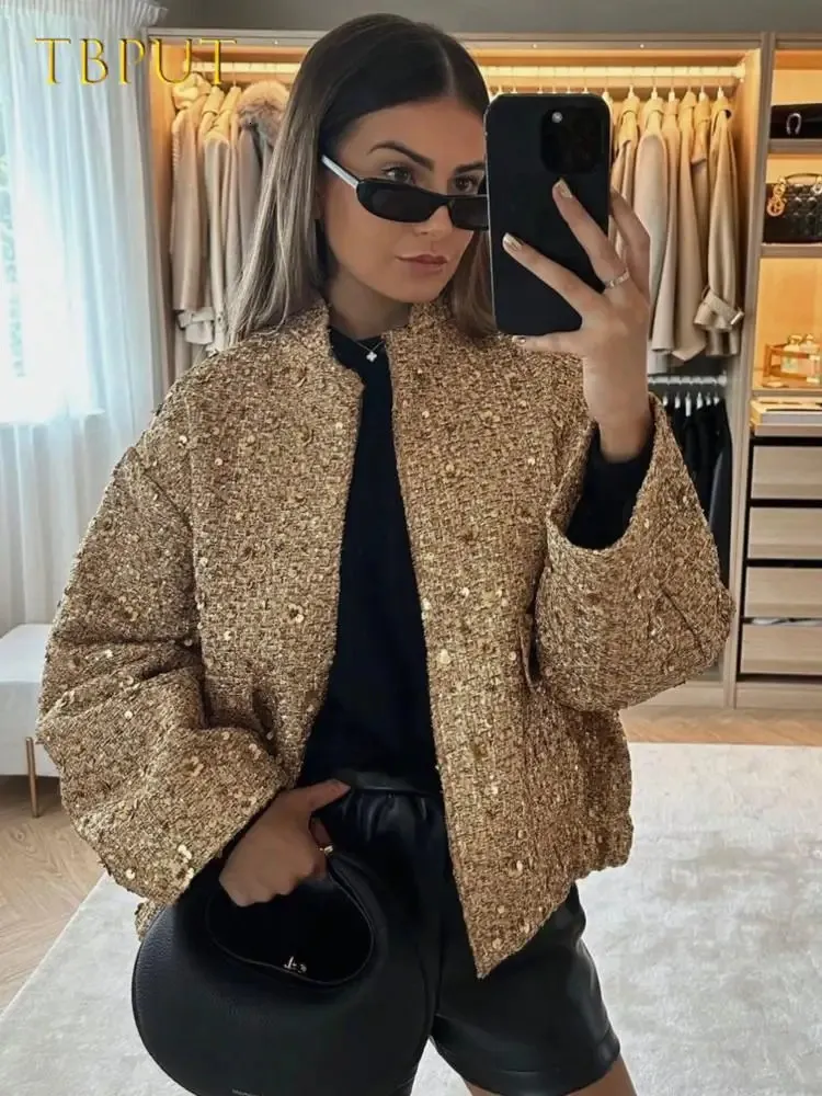 Metal Color Sequin Woven Jacket For Women Loose Stand Collar Long Sleeve Coat Gold Autumn Winter Chic Female Outwear 240115