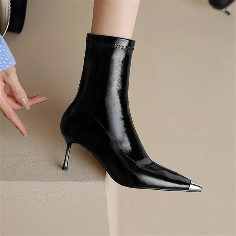 Stiefel 2024 Herbst Winter Women Metal Speced Toes High Heel kurz für elastische Skinny Zapatos de Mujer Frau