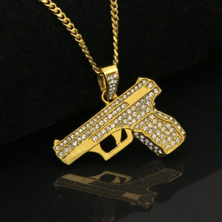 Collier de mode pour hommes pendentif pistolet en diamant complet colliers Hip Hop pour hommes plaqué or Cool Hiphop Chains280E