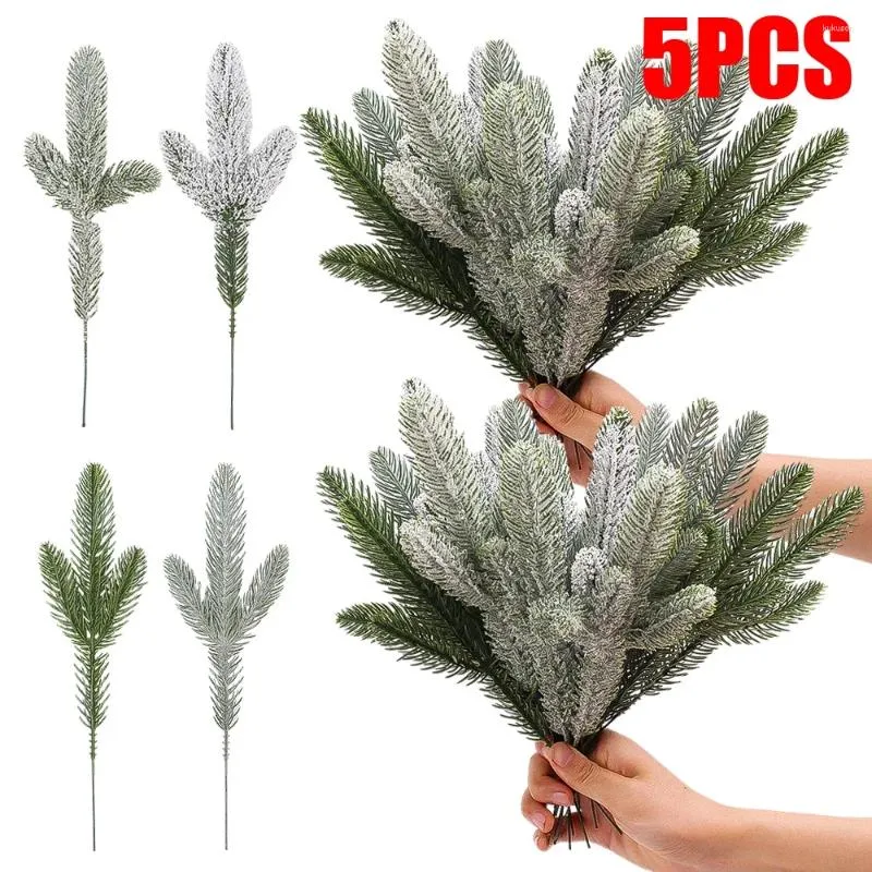 Decorative Flowers 5PCS Artificial Christmas Pine Needle Branches Fake Plants Snow DIY Flower Arrangement Ornaments Xmas Home Decor