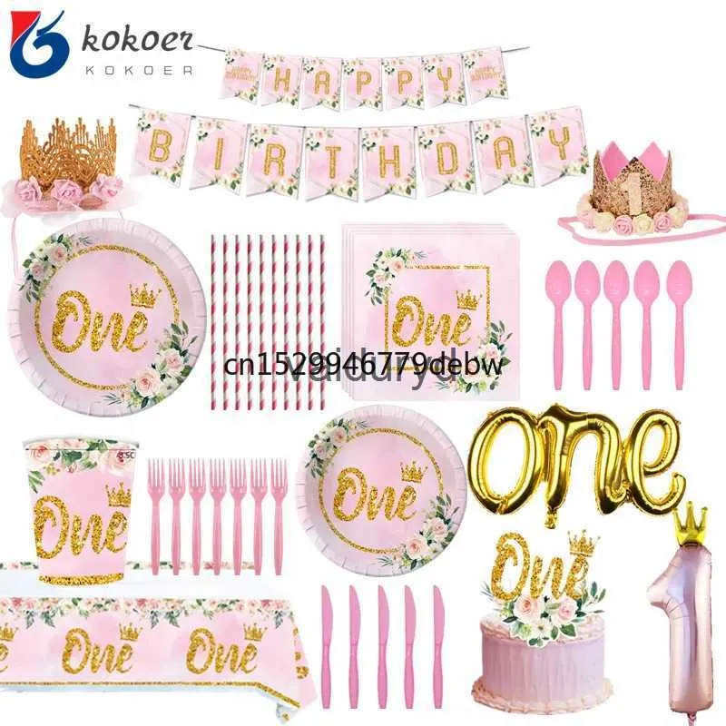 Vaisselle jetable filles un premier joyeux anniversaire vaisselle jetable assiette rose serviettes tasse chapeau pour fête de naissance 1 an fête d'anniversaire Decovaiduryd