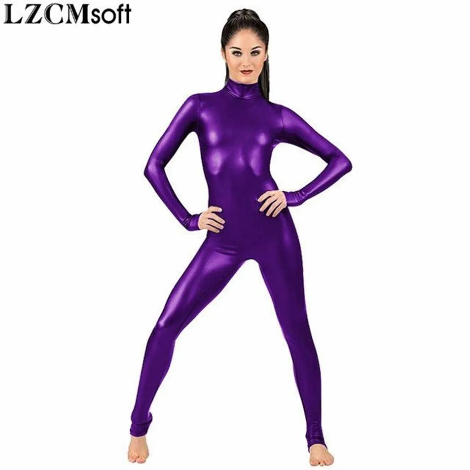 LZCMsoft Women Long Sleeve Metallic Unitards Adults Shiny Full Ballet Gymnastics Catsuits Dancewear Spandex Unitards Stage Show276s