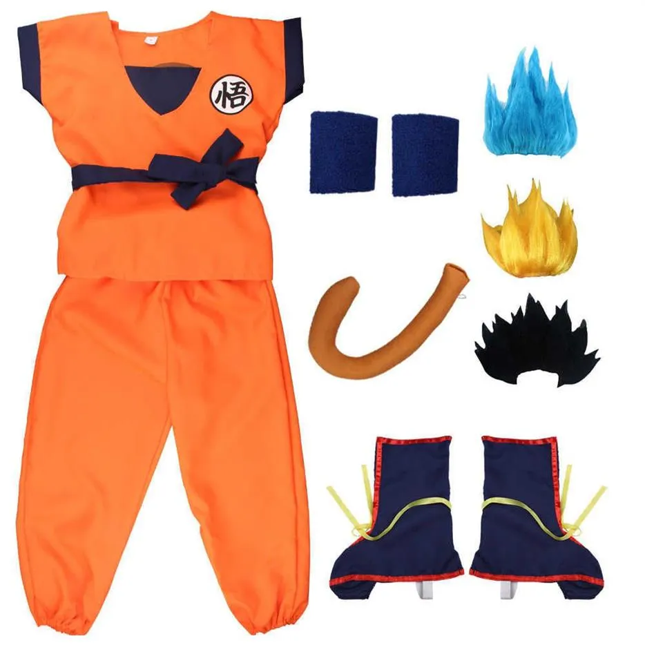 Halloween Kids Adult Suits Son Goku Cosplay Costume Anime Superheroes Jumpsuit Black Hair Costume Dress Up Y0903345S