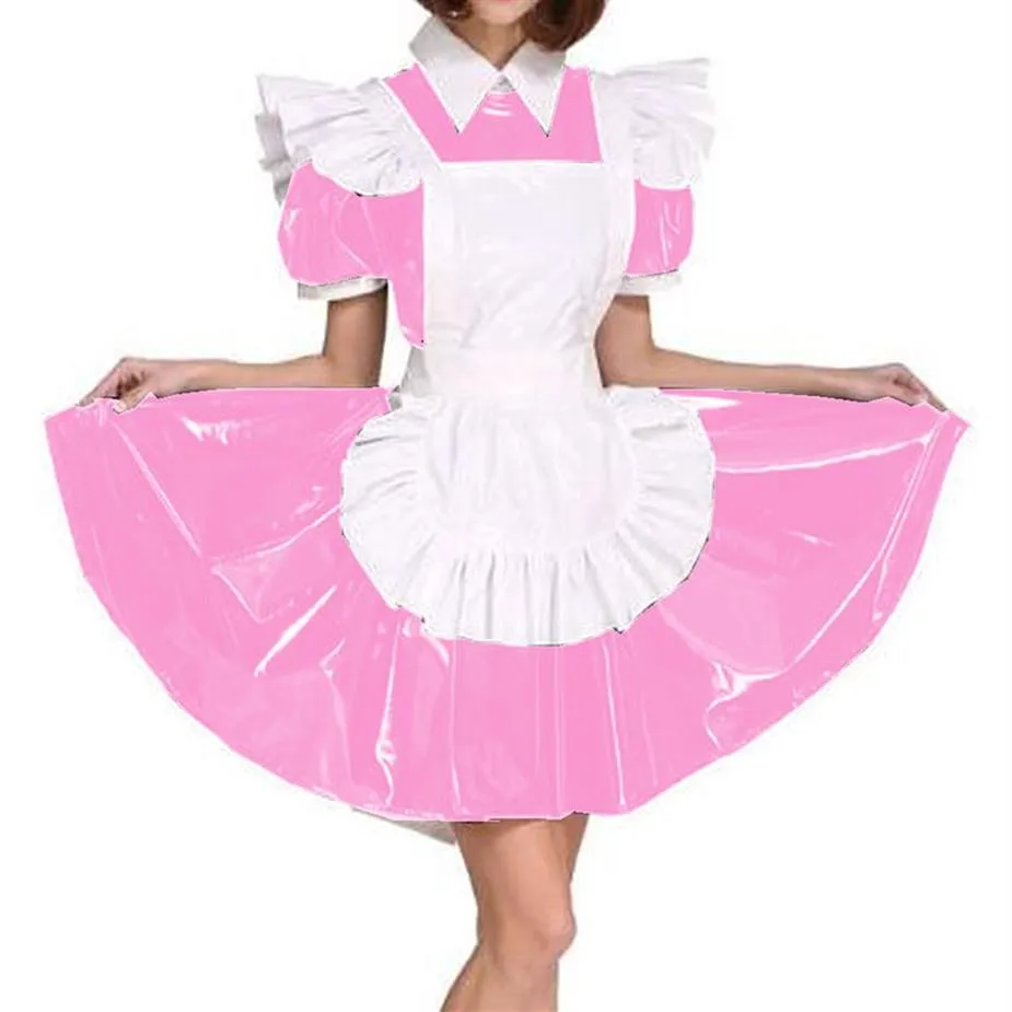 Egzotyczna pokojówka plus cosplay pvc mundurem kobiet mokro mokra mini -sukienka mini -sukienka francuska pokojówka lolita fartuch sukienka 278Q