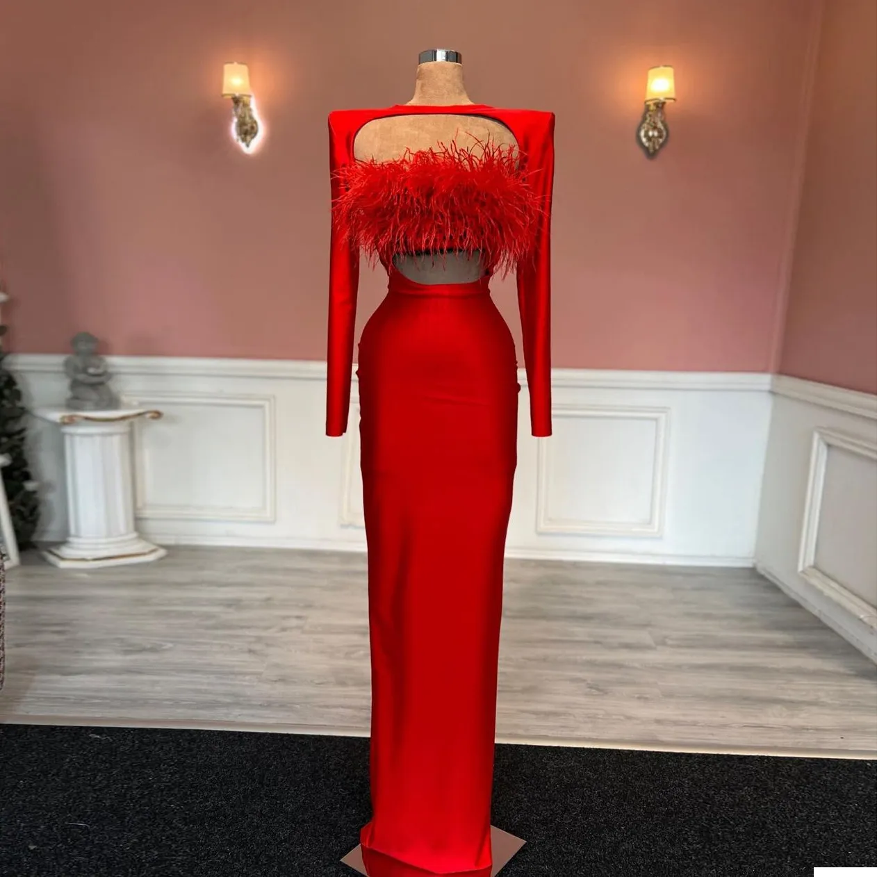 Elegant Red Evening Gown - Long Sleeve Feather Prom Dress
