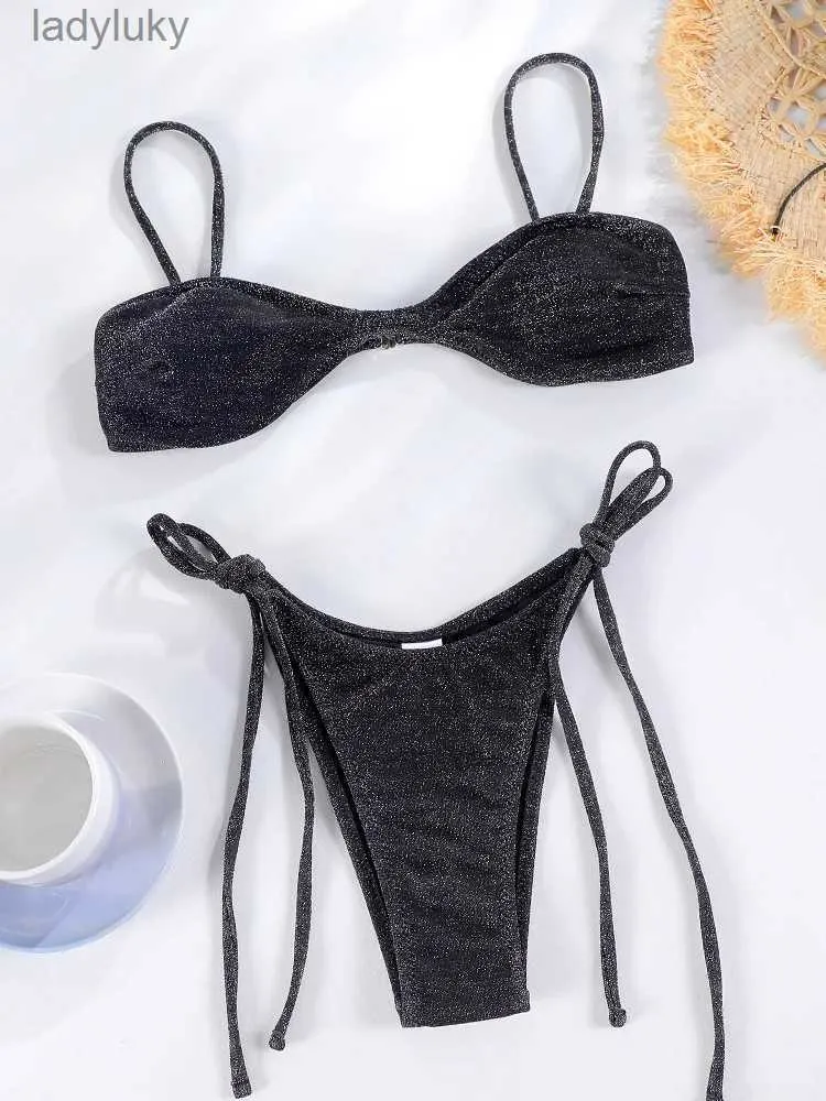 Swim Wear String Preto Brilhante Maiô Com Gravatas 2024 Biquíni Sexy Swimwear Mulheres Maiô Brasileiro Biquíni Cor Sólida BeachwearL240115