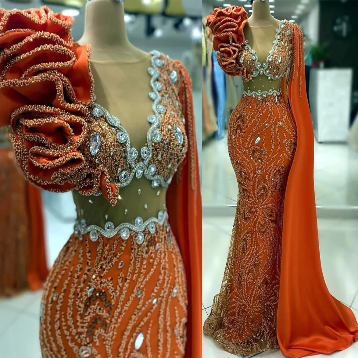 2024 Aso Ebi Orange Mermaid Prom Dress Beaded Crystals Sequined Evening Formal Party Second Reception Birthday Engagement Gowns Dresses Robe De Soiree ZJ48