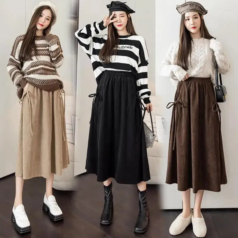 Skirts Bow Pocket Midi Long Corduroy Skirt Women 2024 Spring Autumn Fashion High Waist Pleated Female Khaki A Line
