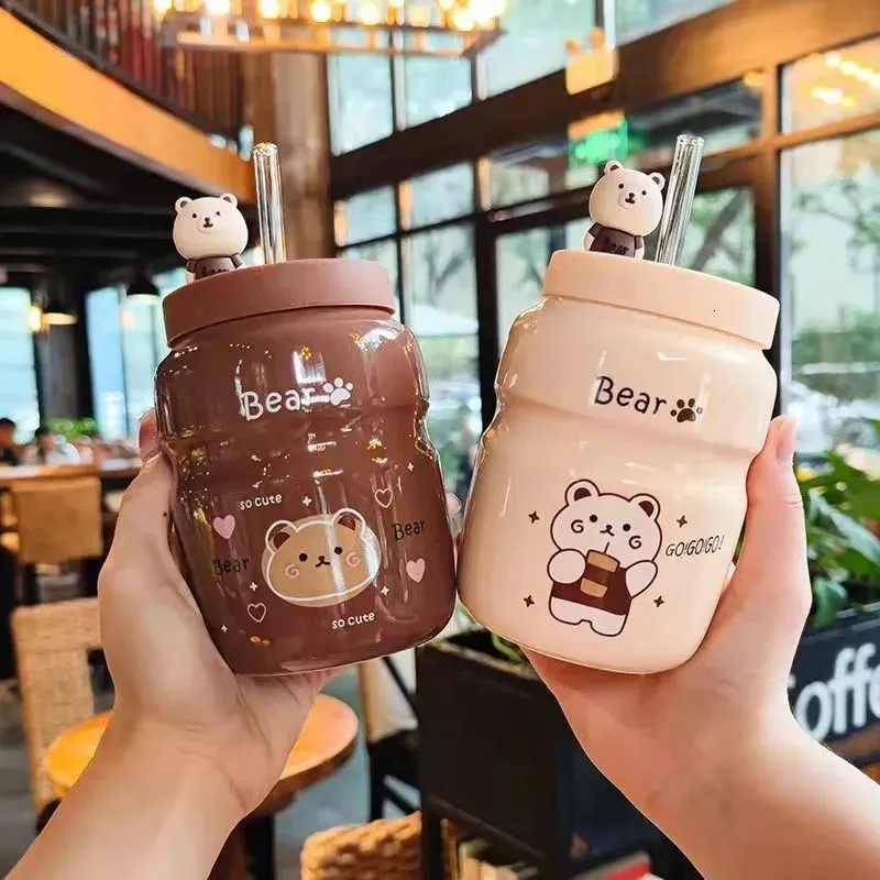 500ml Ceramic Mug Cute bear teaCup Yogurt Water Bottle with cover straw Drinking Milk for KidsGirlAdult 240115