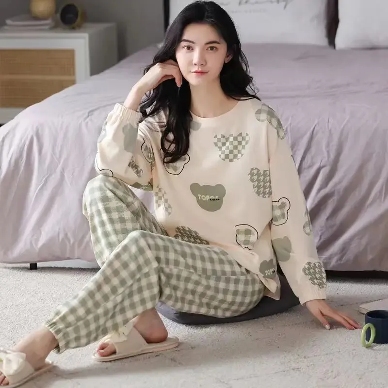 Pajamas Ladies Spring Autumn Long Sleeve Polyester Cotton Women's and Winter Large Size Casual Homewear Set 240115