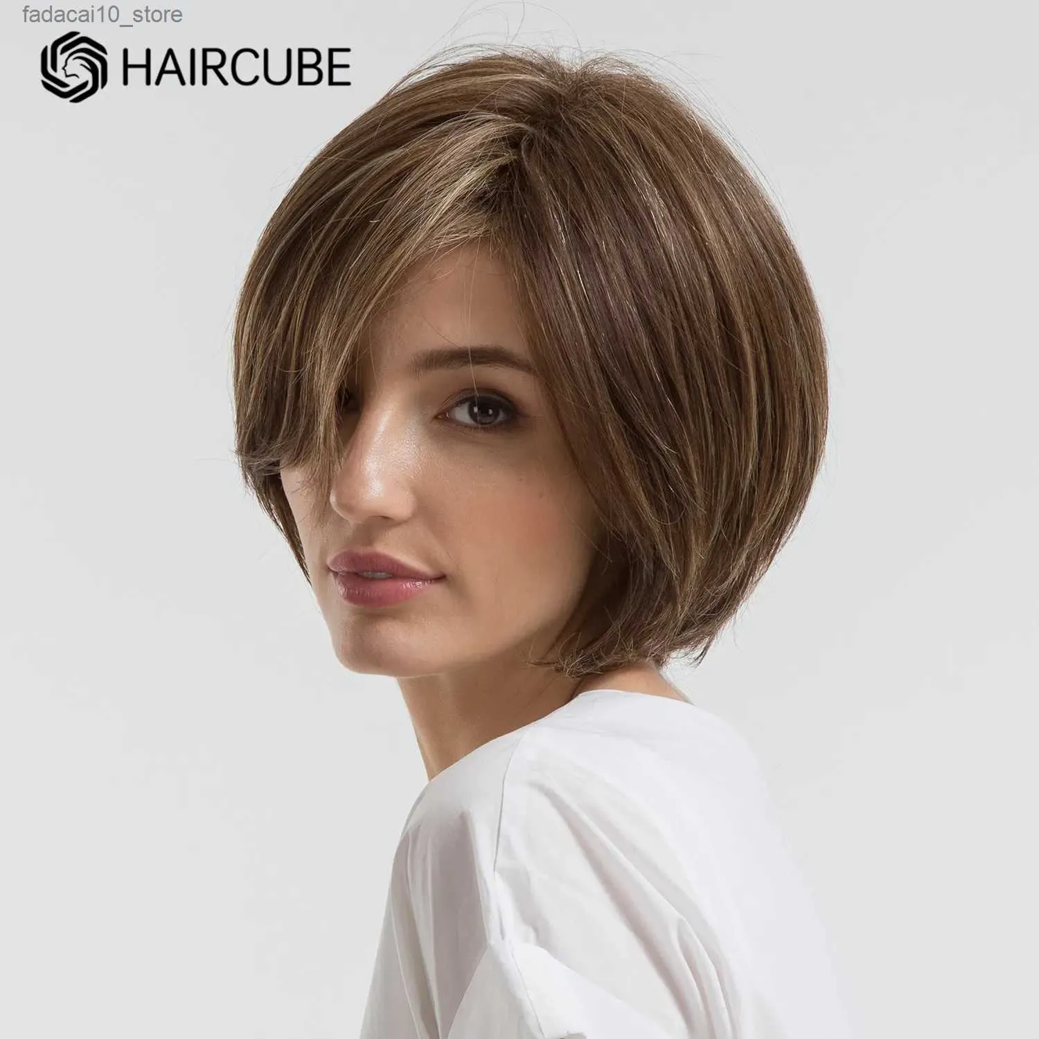 HAIRCUBE Gemengd Bruin Korte Synthetische Pruiken met Pony Hoge Temperatuur Rechte Bob Pruiken Mengsel 30% Menselijk haar Pruik voor Vrouwen Q240115