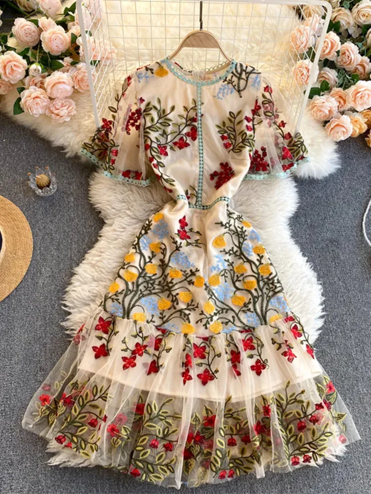 Donne eleganti maglia pizzo ricamato fiore multicolore abito a sirena manica corta farfalla volant harajuku abiti estivi 240113