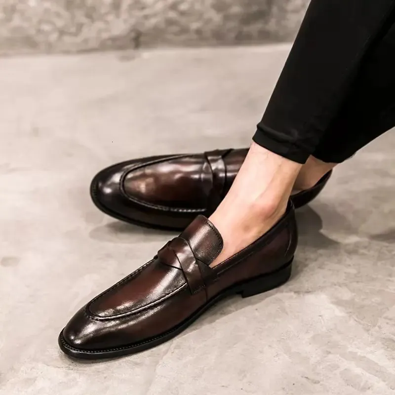 Wnfsy sapatos formais masculinos de couro escritório clássico vestido marrom mocassins de luxo masculino chaussure homme 240115