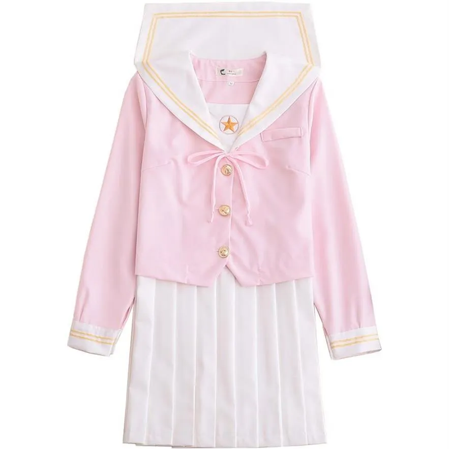 Japanese School Uniform cosplay Women Sakura Light Pink Tops White Pleated Skirt JK Uniform Girls Japanese Sailor Suit242c