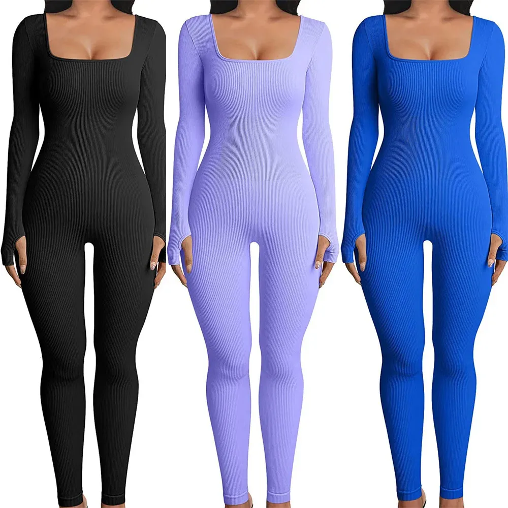 Kadın Sıska Tulum Düz Renkli Şeritli Örgü Uzun Kollu Kare Boyun Bodycon Tulum Romper Spor Yoga Playsuits 240115
