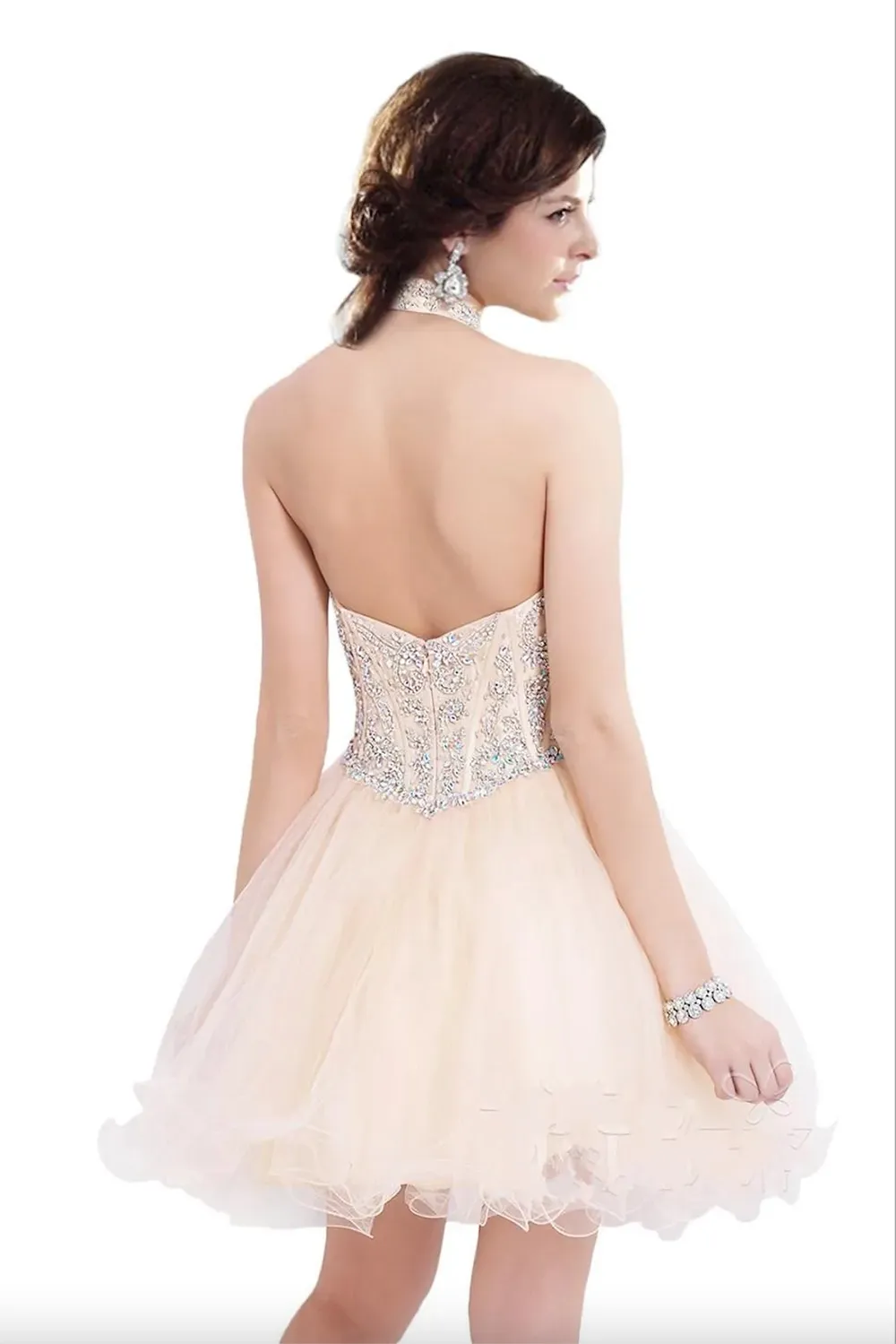 open lace back dress Halter Neck Short Champagne Lace Prom Dresses, Halter Neck Short Champagne  Lace Homecoming Dresses main image 0