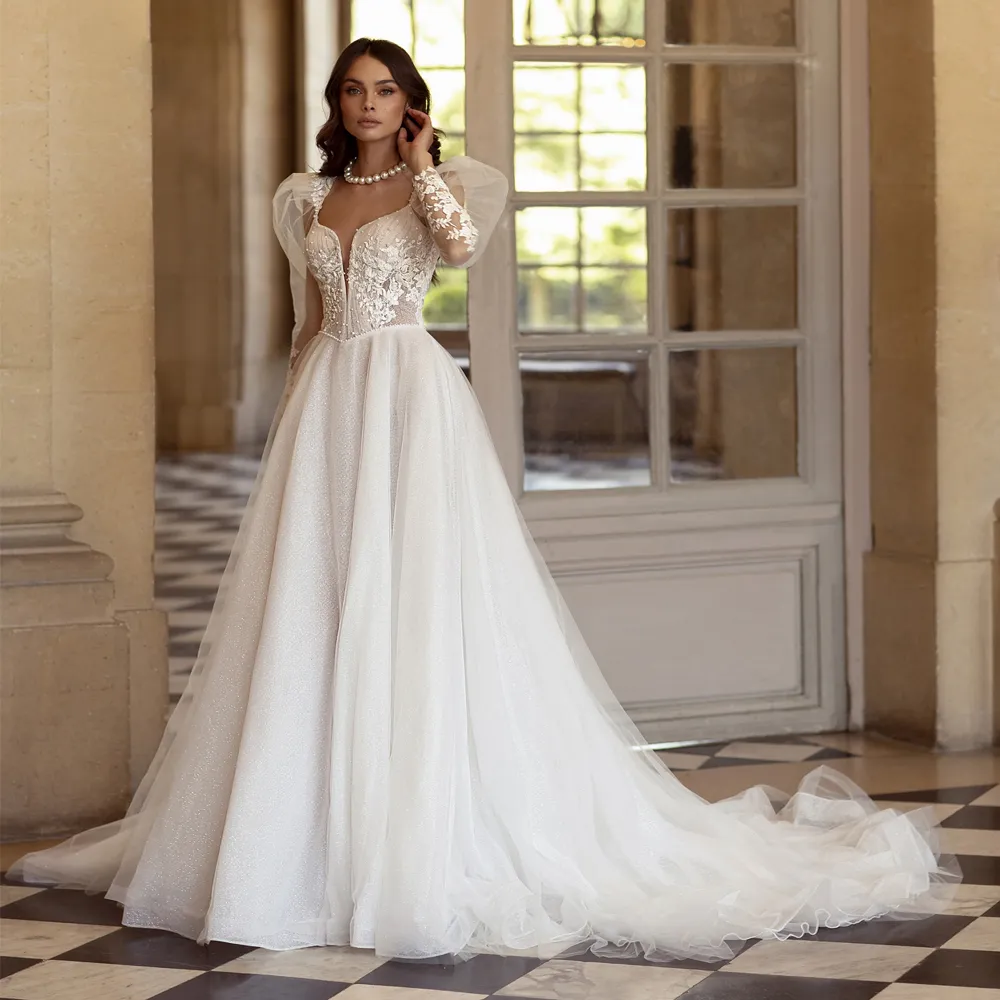 Sparkly A Line Wedding Dress Bridal Gown 2024 Scoop Neck