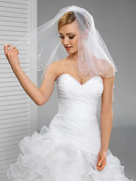 Veils New Soft Tulle In Stock Vintage Beaded Edge Two Layer With Comb Lvory White Shoulder Length Wedding Veil